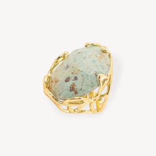 Anello Regolabile in Bronzo Dorato Collezione AURORA-1 con Pietre Dure   Agata Muschiata Verde | Gioiello Artigianale Donna 28x