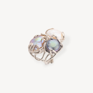 Anello Regolabile in Bronzo Rodiato Collezione AURORA con Perle Di Fiume Mix | Gioiello Artigianale Donna 32x36mm