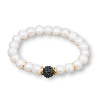 Bracciale Elastico Con Perle Di Fiume E Centrale Sffera Strass Nero 9-10mm Dorato