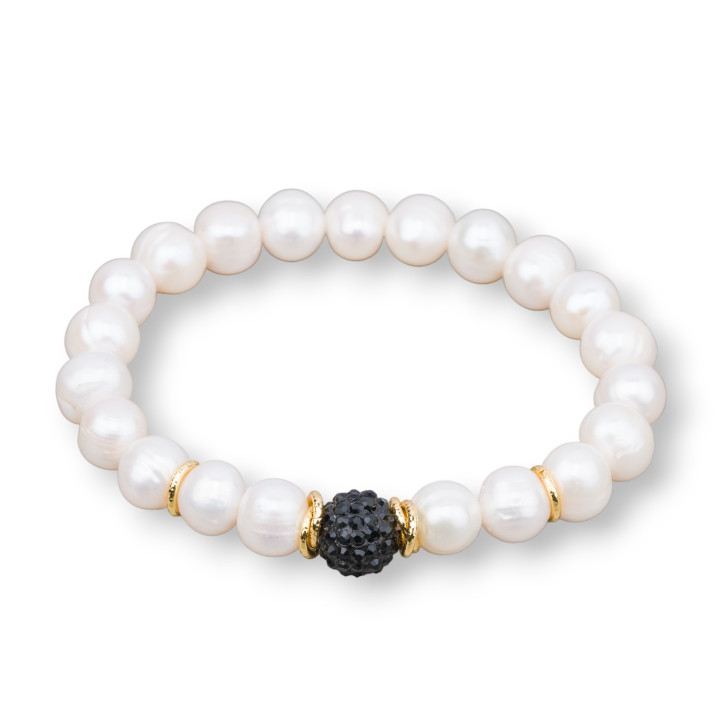 Bracciale Elastico Con Perle Di Fiume E Centrale Sffera Strass Nero 9-10mm Dorato