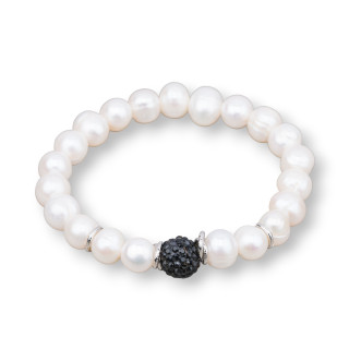 Bracciale Elastico Con Perle Di Fiume E Centrale Sffera Strass Nero 9-10mm Rodiato