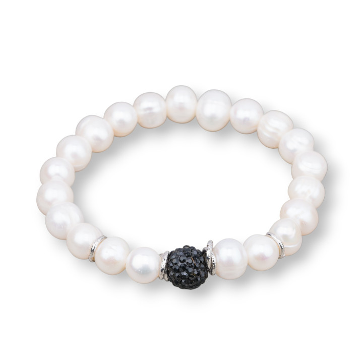 Bracciale Elastico Con Perle Di Fiume E Centrale Sffera Strass Nero 9-10mm Rodiato