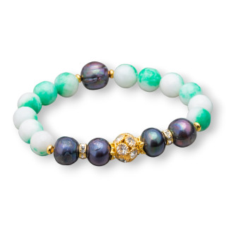 Bracciale Elastico Con Pietre Dure E Perle Di Fiume Con Centrale Sfera In Ottone E Zirconi 10-12mm MOD2