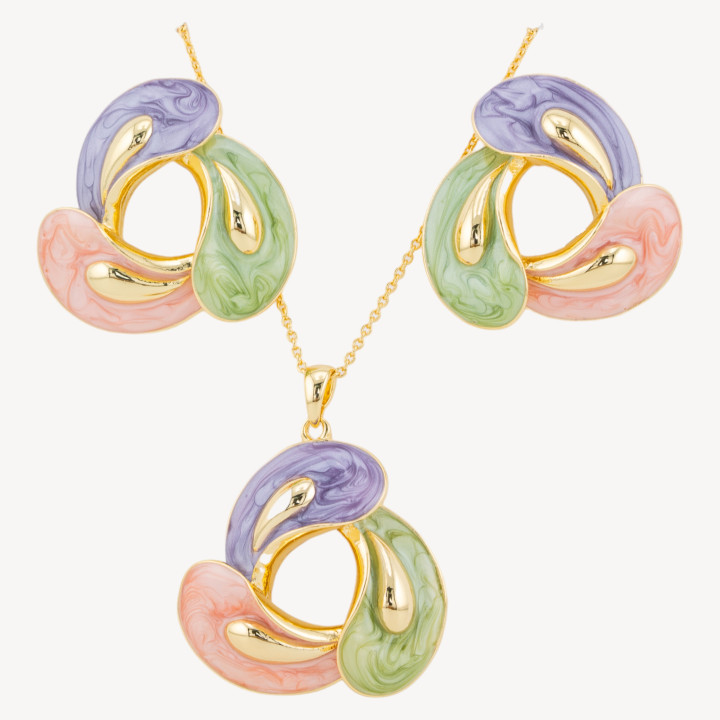 Parure Bijoux Smaltato Collezione Isabella 1pz Petali Viola, Verdi e Rosa