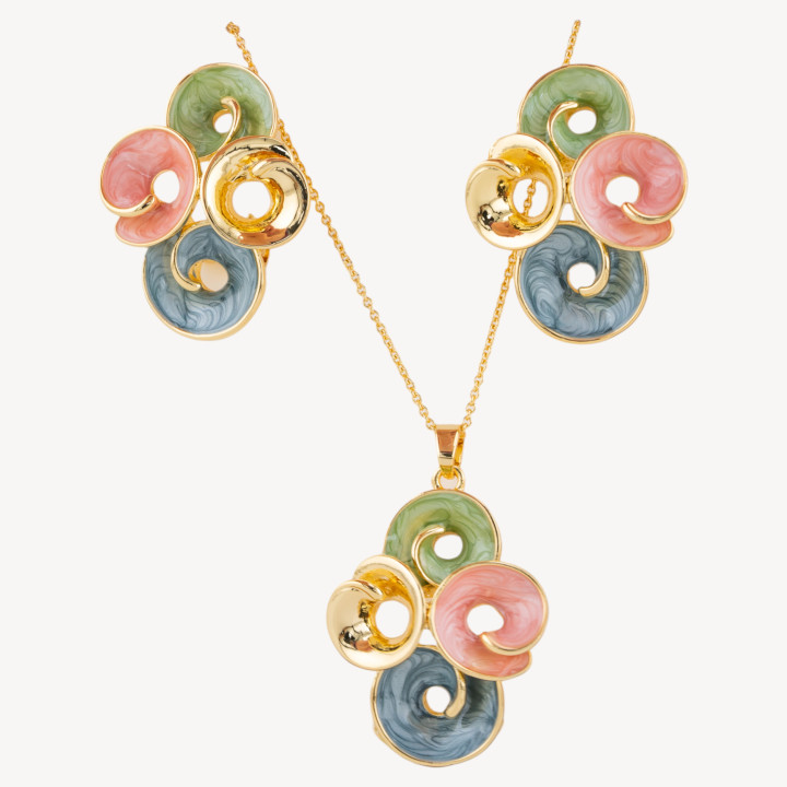 Parure Bijoux Smaltato Collezione Isabella 1pz Tondo Blu, Rosa, Verde e Dorato