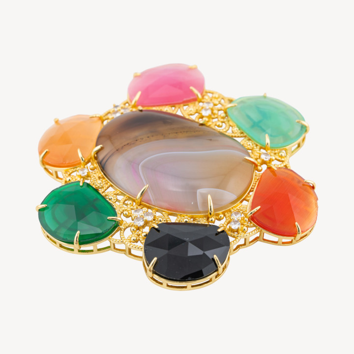 Componente Centrale Di Bronzo Con Perline, Pietre Dure Dorate Completo Di Orecchini