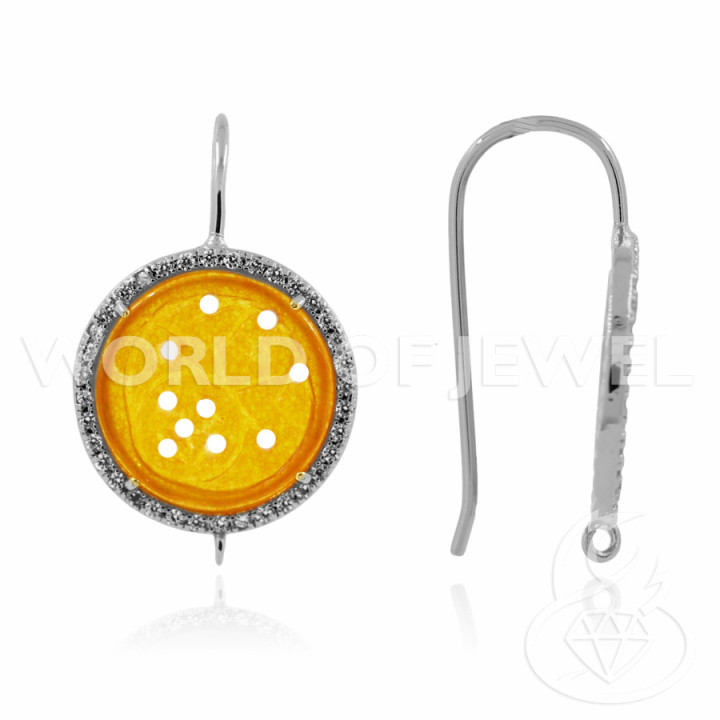 Brass and Zircon Earring Bases with Burma Jade Plates Round 20mm 5 Pairs Orange and Rhodium Plated