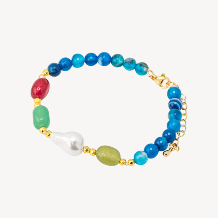 Bracciale con Pietre Dure 6mm e Perle di Maiorca 18,5cm + 5cm MOD2738 con Ematite Dorato Agata Blu