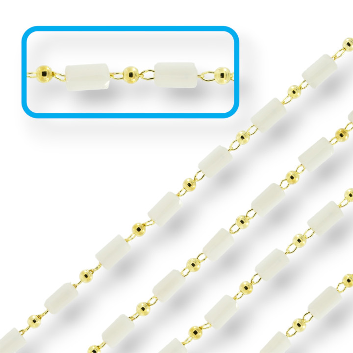 Catena Rosario Con Cristalli Cilindro e Ottone 2,5mm 1 Metro Bianco
