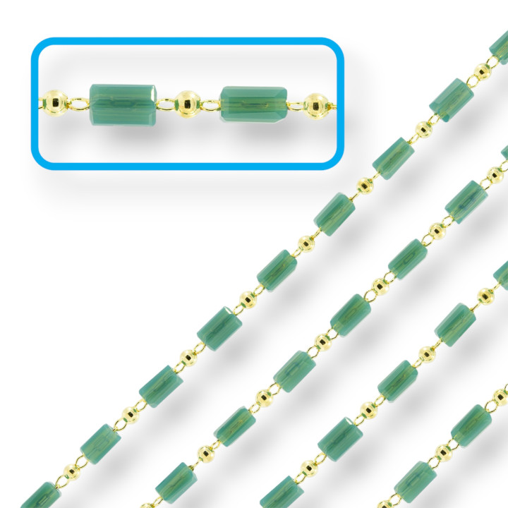 Catena Rosario Con Cristalli Cilindro e Ottone 2,5mm 1 Metro Verde