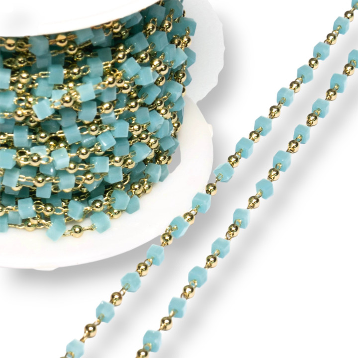 Catena Rosario Con Cristalli Cubetti e Ottone 2mm 1 Metro Dorato Celeste