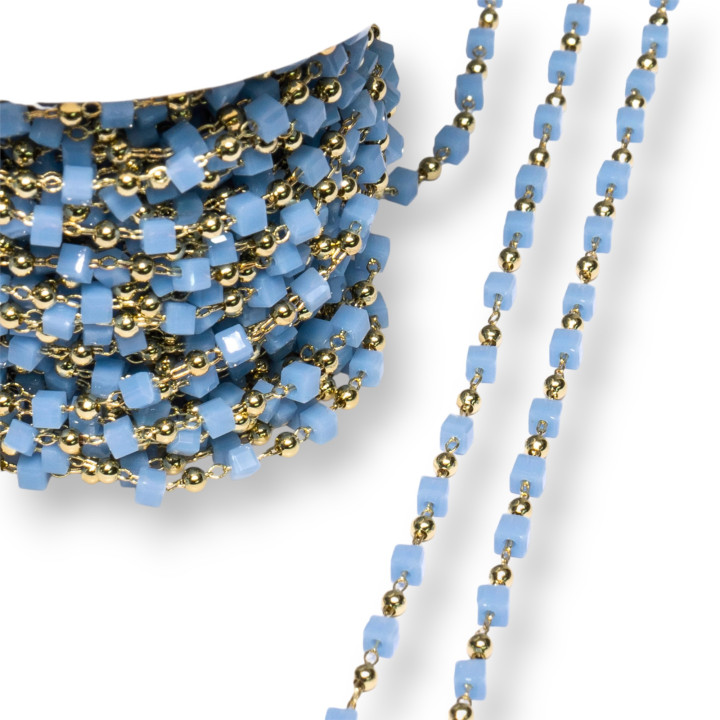 Catena Rosario Con Cristalli Cubetti e Ottone 2mm 1 Metro Dorato Indaco