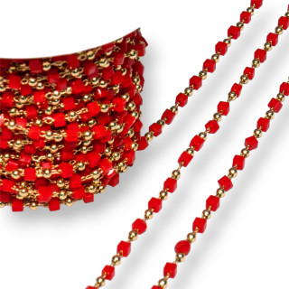 Catena Rosario Con Cristalli Cubetti e Ottone 2mm 1 Metro Dorato Rosso
