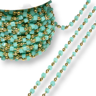 Catena Rosario Con Cristalli Cubetti e Ottone 2mm 1 Metro Dorato Verde Acqua