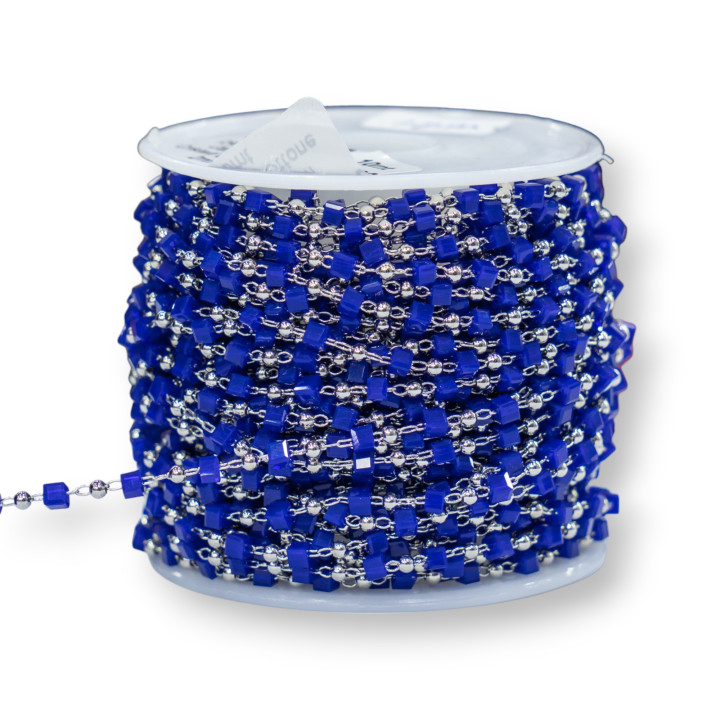 Catena Rosario Con Cristalli Cubetti e Ottone 2mm 1 Metro Rodiato Blu
