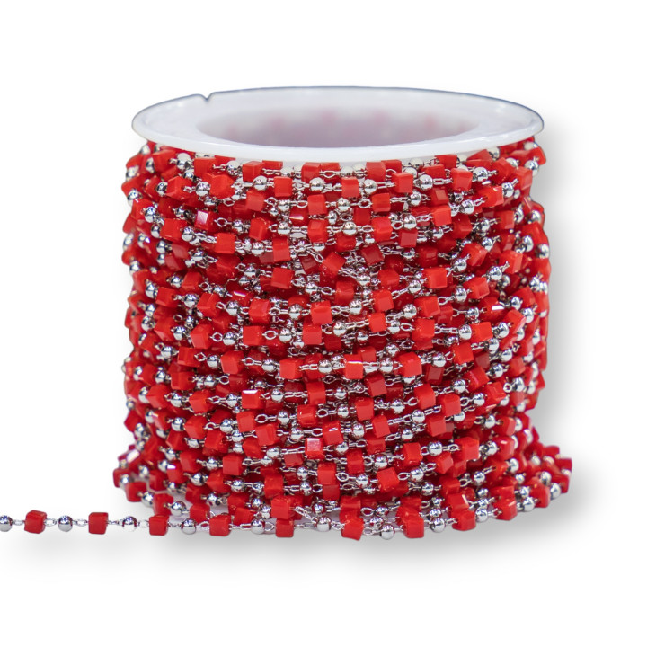 Catena Rosario Con Cristalli Cubetti e Ottone 2mm 1 Metro Rodiato Rosso