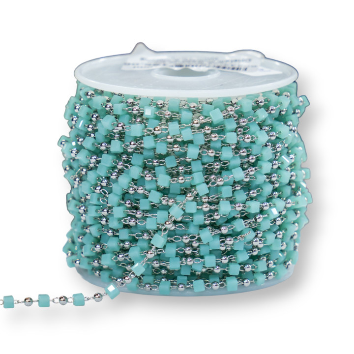 Catena Rosario Con Cristalli Cubetti e Ottone 2mm 1 Metro Rodiato Verde Acqua
