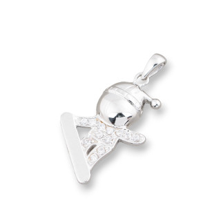 Ciondolo Pendente Charms Di Argento 925 Bimbo E Snowboard Con Zirconi 15x30mm