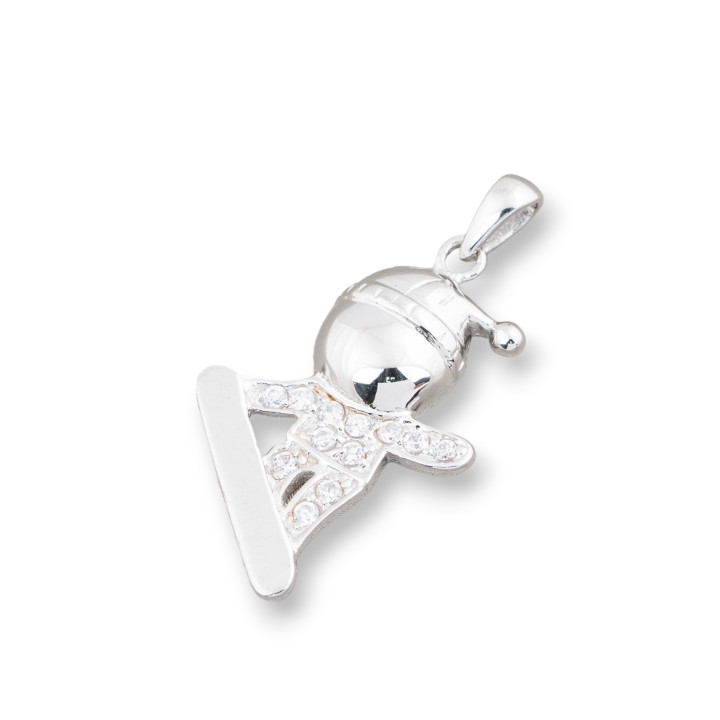 Ciondolo Pendente Charms Di Argento 925 Bimbo E Snowboard Con Zirconi 15x30mm