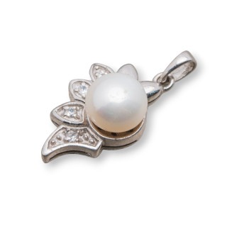 Ciondolo Pendente Di Argento 925 Ala Con Zirconi  E Perle 14x26mm