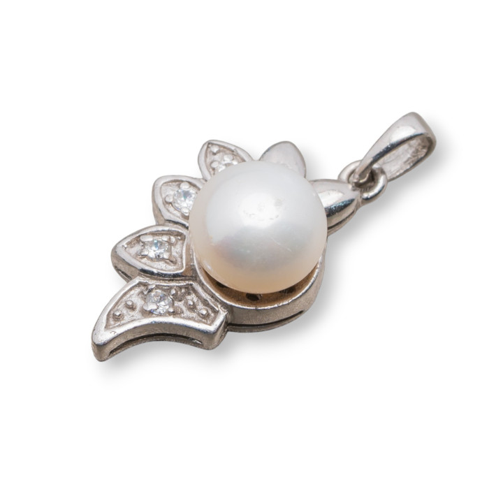 Ciondolo Pendente Di Argento 925 Ala Con Zirconi  E Perle 14x26mm