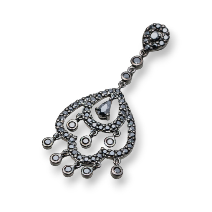 Ciondolo Pendente Di Argento 925 Brunito Con Zirconi Neri Chandelier Gotico 1Pz