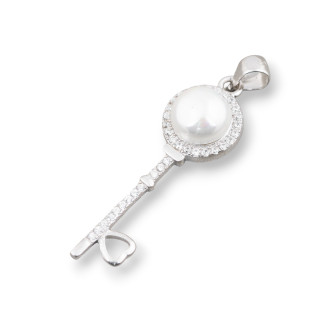Ciondolo Pendente Di Argento 925 Chiave Con Zirconi E Perle 11x39mm