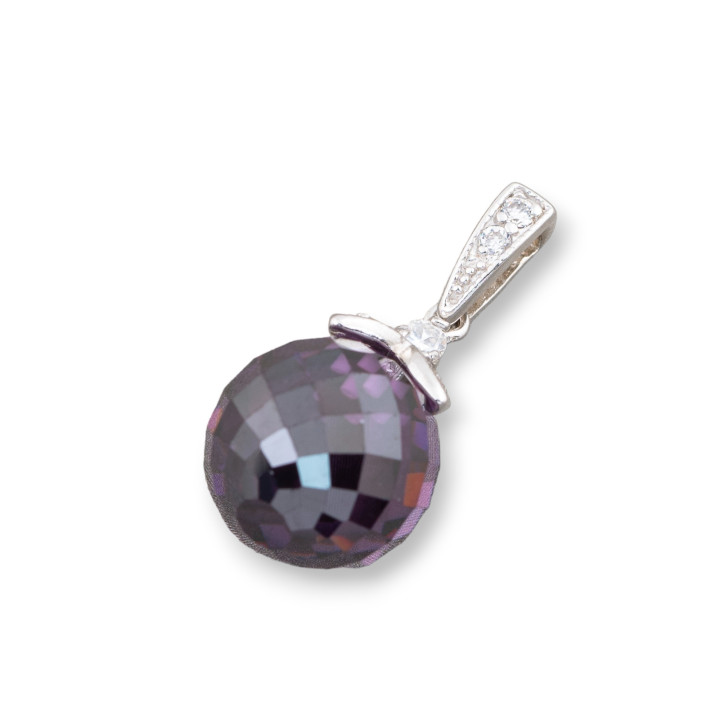 Ciondolo Pendente Di Argento 925 Con Coppetta Petali Sfera Zirconi Viola Sfaccettato 13x28mm