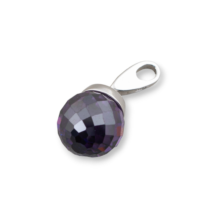 Ciondolo Pendente Di Argento 925 Con Gancio E Sfera Di Zirconi Viola Sfaccettato 12x25mm