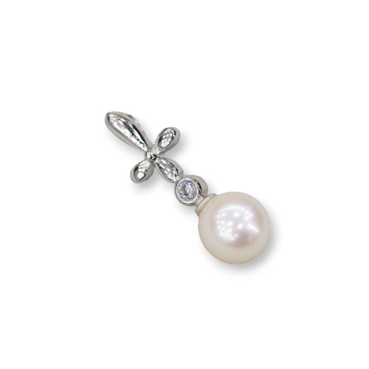 Ciondolo Pendente Di Argento 925 Con Perle Di Fiume 7x21mm Rodiato