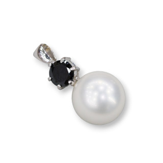 Ciondolo Pendente Di Argento 925 Con Perle Di Maiorca Bianca E Zircone Nero 12x24mm