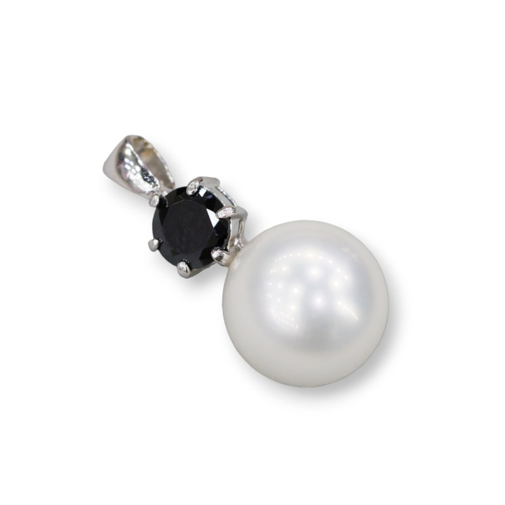 Ciondolo Pendente Di Argento 925 Con Perle Di Maiorca Bianca E Zircone Nero 12x24mm