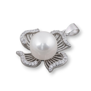 Ciondolo Pendente Di Argento 925 Con Zirconi E Perle Di Fiume Fiore Ondulato 22x30mm