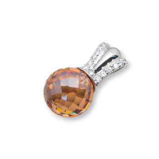 Ciondolo Pendente Di Argento 925 Con Zirconi Sfera Sfaccettato Arancio E Gancio Apribile 14x27mm
