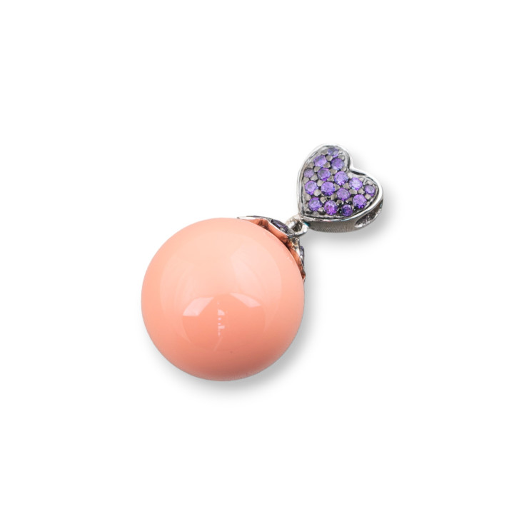 Ciondolo Pendente Di Argento 925 Gancio Con Zirconi Viola E Perle Di Maiorca Rosa Salmone 14x27mm