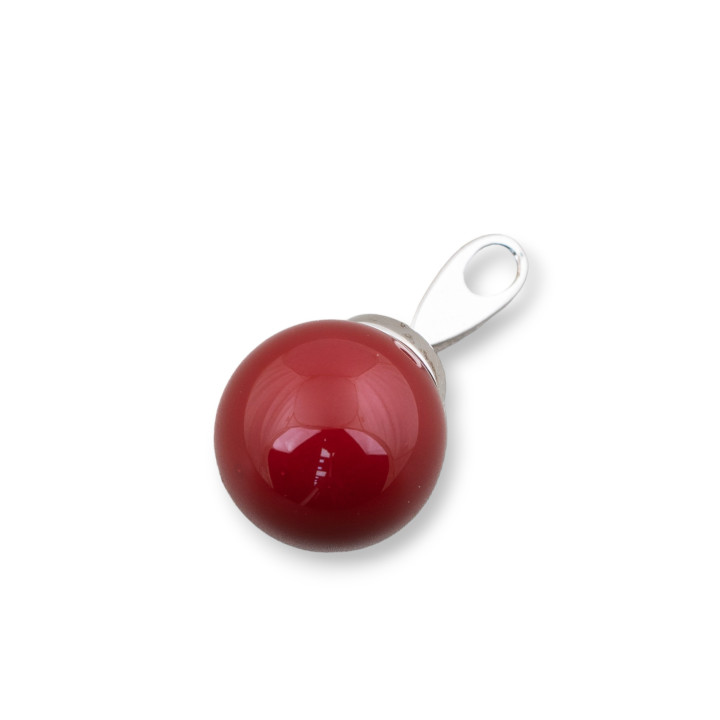 Ciondolo Pendente Di Argento 925 Gancio E Perle Di Maiorca Sfera Rosso 14x28mm