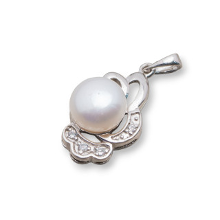 Ciondolo Pendente Di Argento 925 Perle Con Zirconi Pavè 12x26mm MOD3356