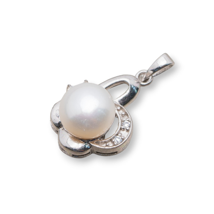 Ciondolo Pendente Di Argento 925 Perle Con Zirconi Pavè 14x26mm MOD.3 Bianco