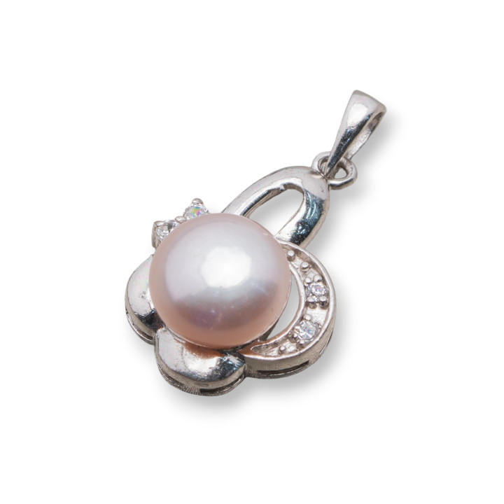 Ciondolo Pendente Di Argento 925 Perle Con Zirconi Pavè 14x26mm MOD.3 Rosa