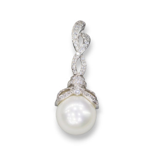 Ciondolo Pendente Di Argento 925 Perle Di Maiorca Bianca Con Gancio Spirale E Zirconi 15x42mm