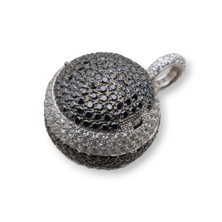 Ciondolo Pendente Di Argento 925 Sfera Con Zirconi Neri E Bianchi E Doppia Apertura 24X34mm
