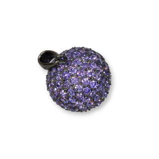 Ciondolo Pendente Di Argento 925 Sfera Zirconi Viola 17mm Con Argento Brunito