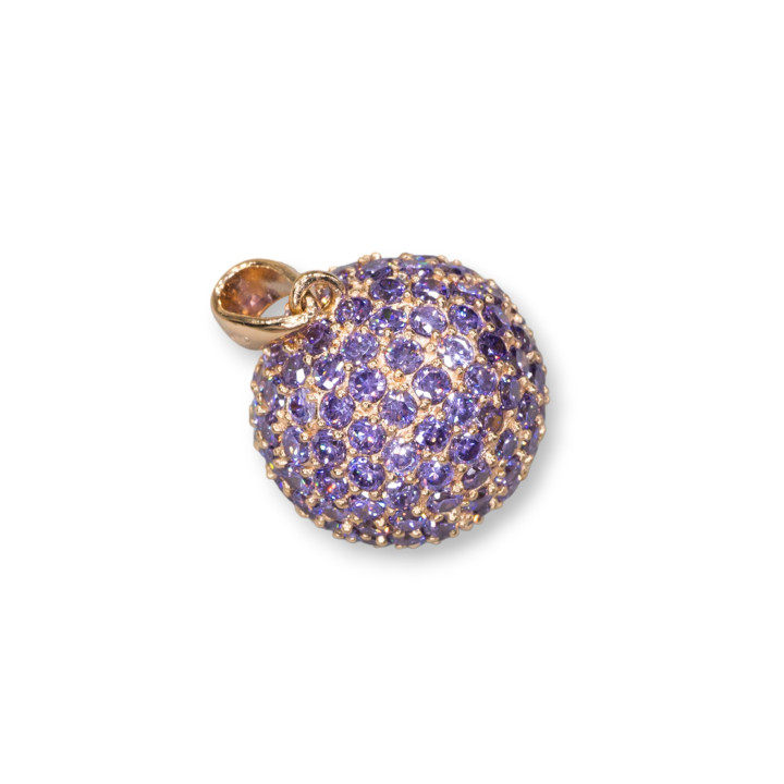 Ciondolo Pendente Di Argento 925 Sfera Zirconi Viola 17mm Con Argento Oro Rosa