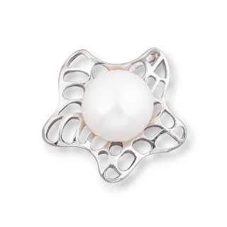 Ciondolo Pendente Di Argento 925 Stella Marina Filigranata Con Perle Di Fiume 27mm