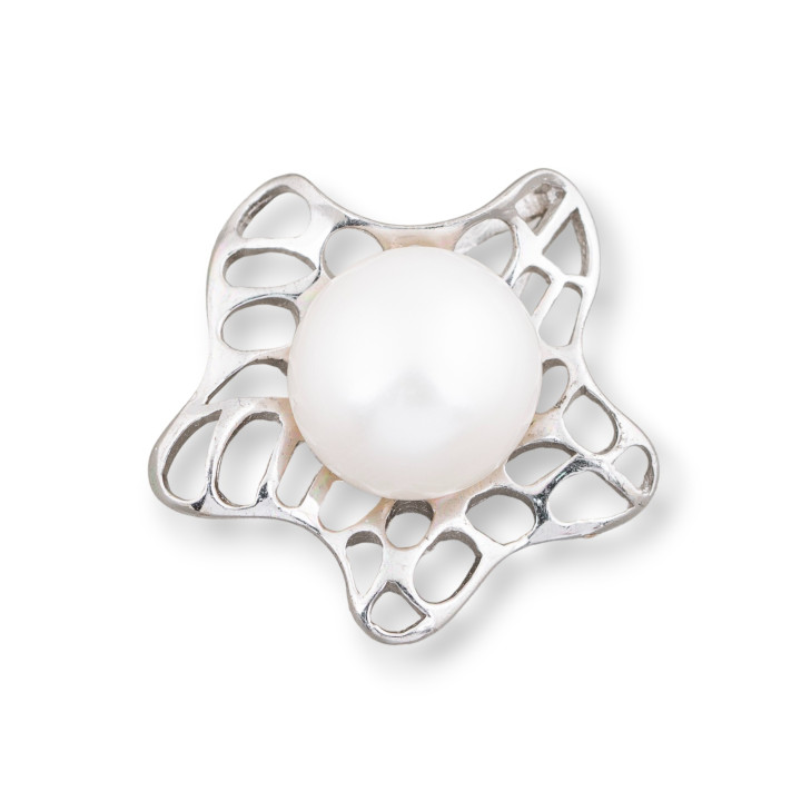 Ciondolo Pendente Di Argento 925 Stella Marina Filigranata Con Perle Di Fiume 27mm