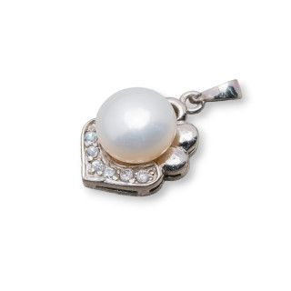 Ciondolo Pendente Gioiello in Argento 925 con Perla Naturale e Zirconi Pavè 11x21mm Bianco