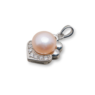 Ciondolo Pendente Gioiello in Argento 925 con Perla Naturale e Zirconi Pavè 11x21mm Rosa