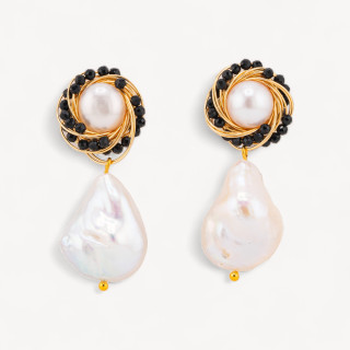 Orecchini A Perno Di Argento 925 Con Lavorazione in Bronzo E Pietre 17x40mm Nero