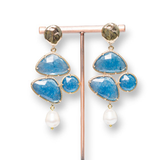 Orecchini A Perno Di Bronzo Battuto Con Cabochon Di Occhio Di Gatto E Gocce Di Perle 34x72mm MOD2