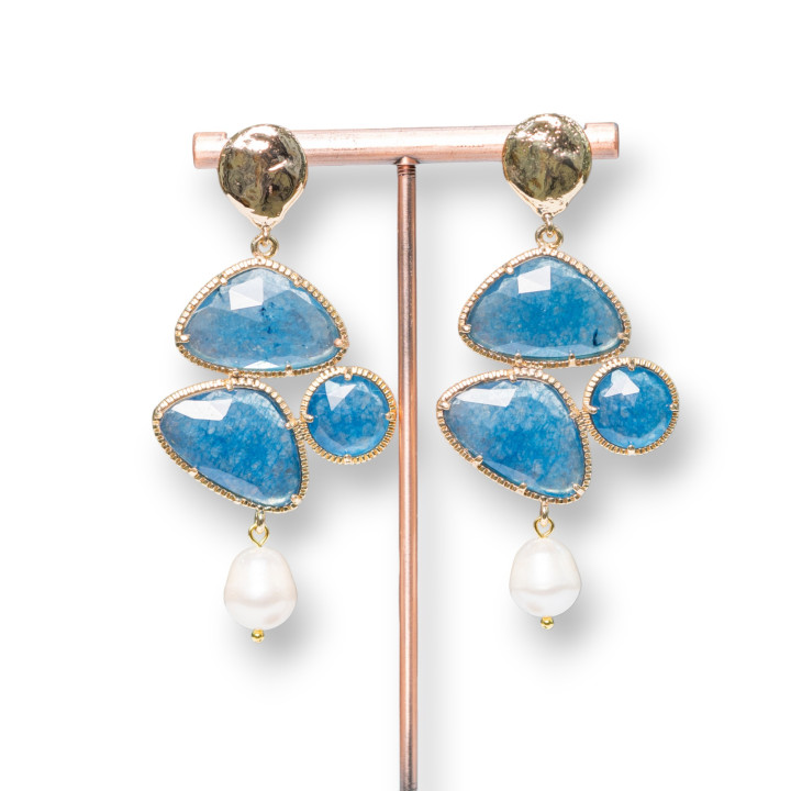 Orecchini A Perno Di Bronzo Battuto Con Cabochon Di Occhio Di Gatto E Gocce Di Perle 34x72mm MOD2